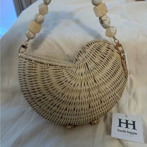 Haute Hippie Cream Woven Heart Mini Bag with Beaded Handle